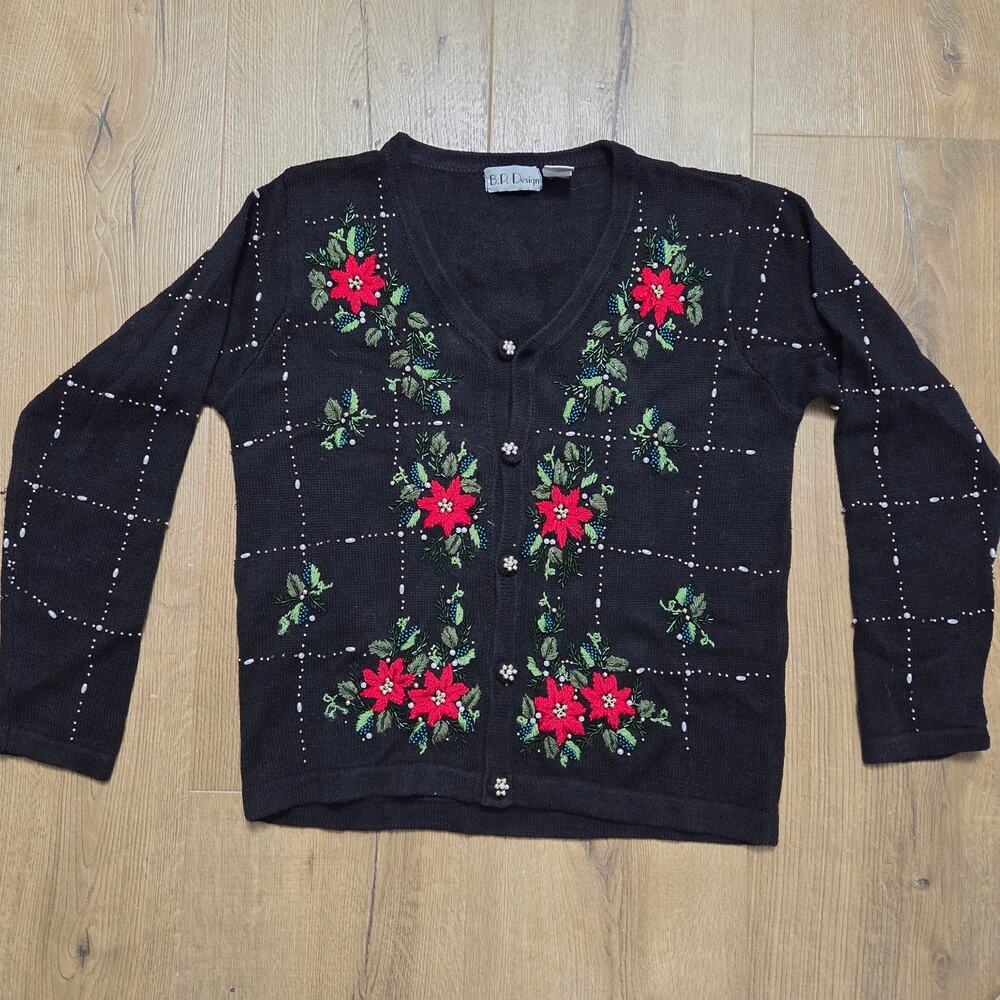 Vtg Black Crochet Holiday Button 
Cardigan Sweater Christmas Poinsettas S EUC